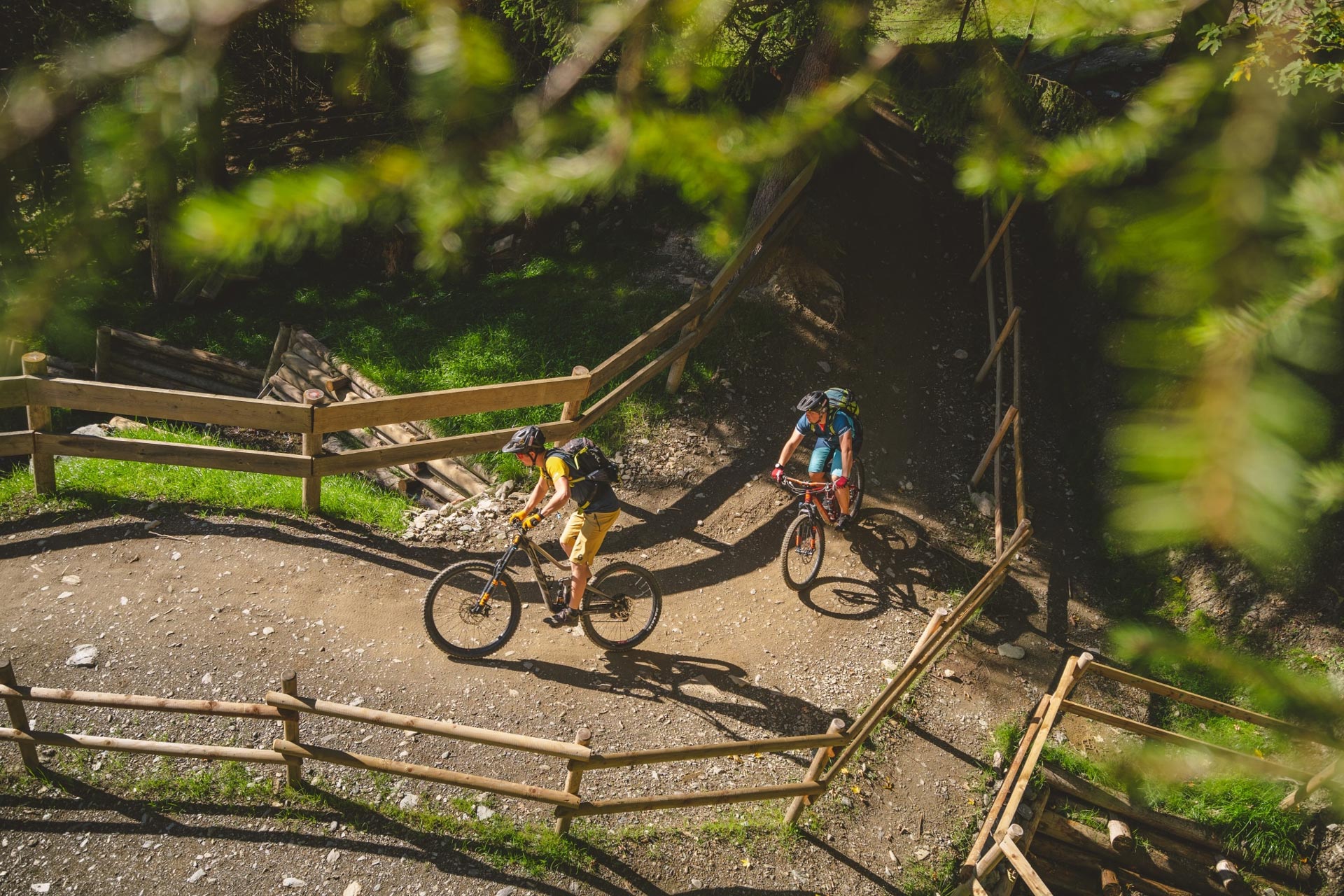 2 Männer auf Mountainbikes fahren durch Wald