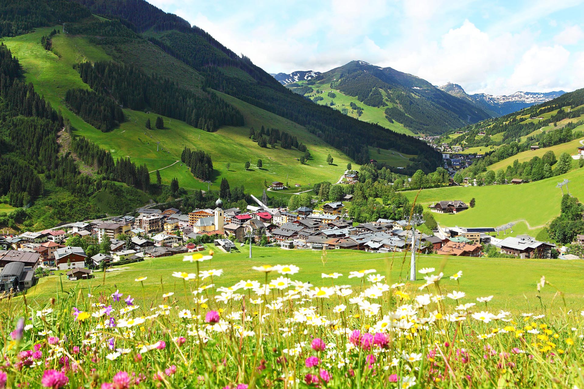 Ein Ausblick auf den Ort Saalbach mit einer bunten Blumenwiese im Vordergrund