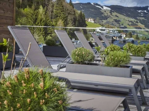Die Dachterrasse mit Sonnenliegen Nahaufnahme von den Liegen auf der Dachterrasse mit grünen Pflanzen zwischen den Liegen